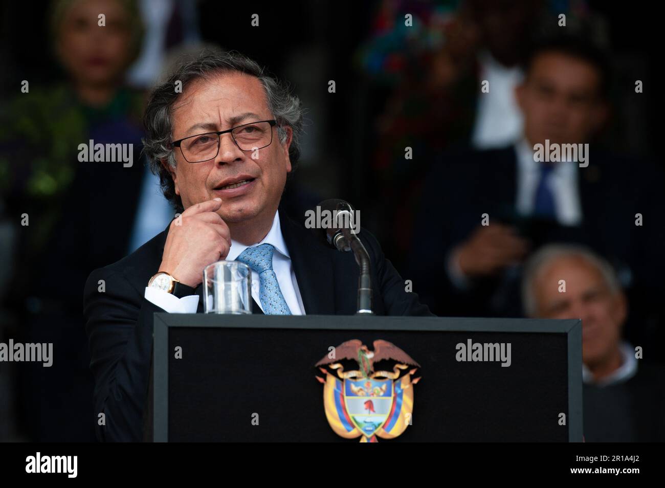 Colombia's president Gustavo Petro speaks during the ceremony of the new Colombian Police Director William Rene Salamanca at the General Santander Pol Stock Photo