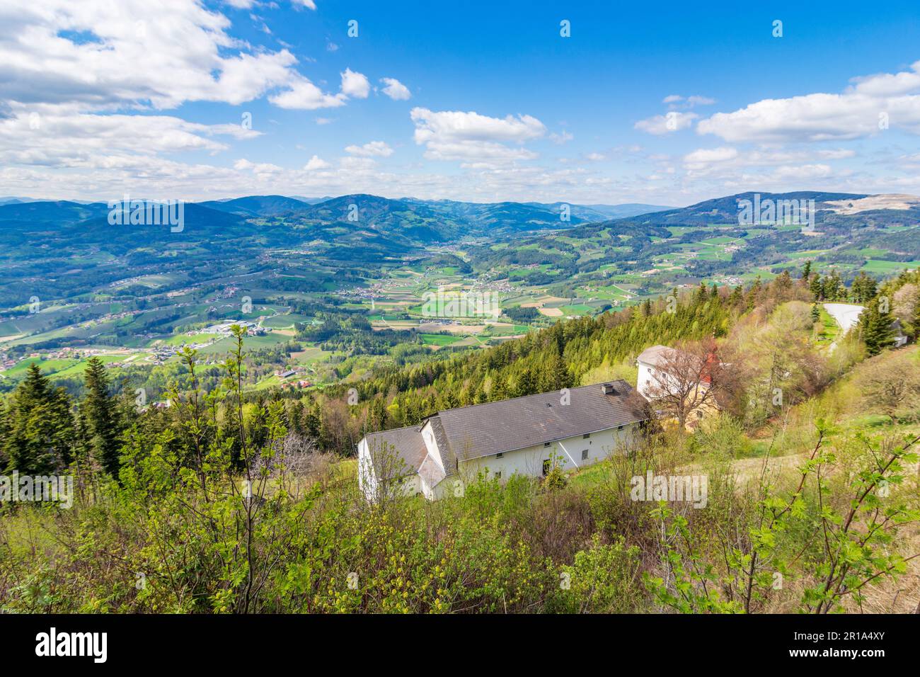 Puch bei Weiz church Mariabrunn at mountain Kulm, view to Apfelland