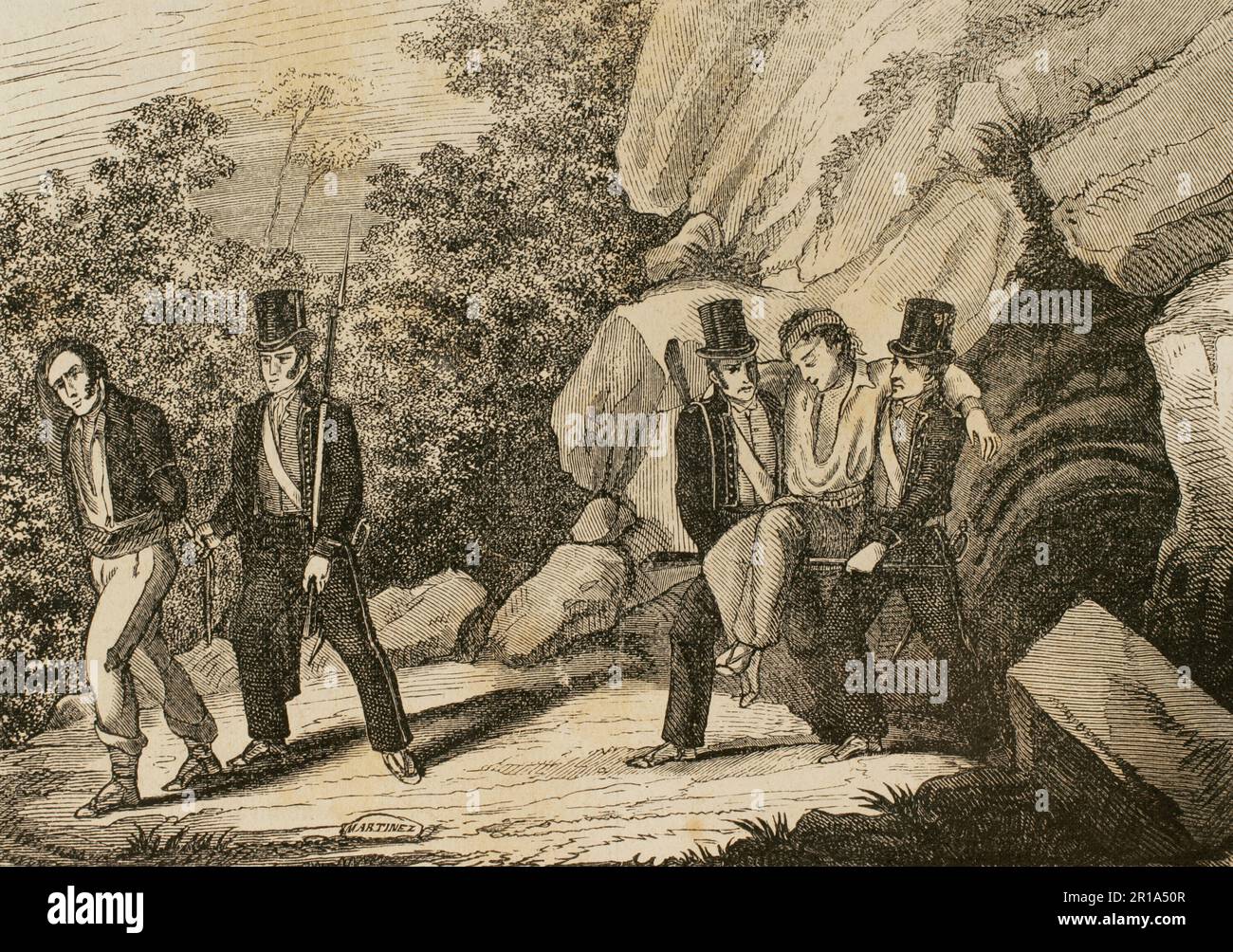 History of Banditry. Catalonia. Squadrons of Catalonia (Mossos d'Esquadra) arresting a bandit (wearing uniform dated 1850). 'The bandit expired as soon as he was taken out of the cave'. Engraving. Historia de las Escuadras de Cataluña, 1876. Stock Photo