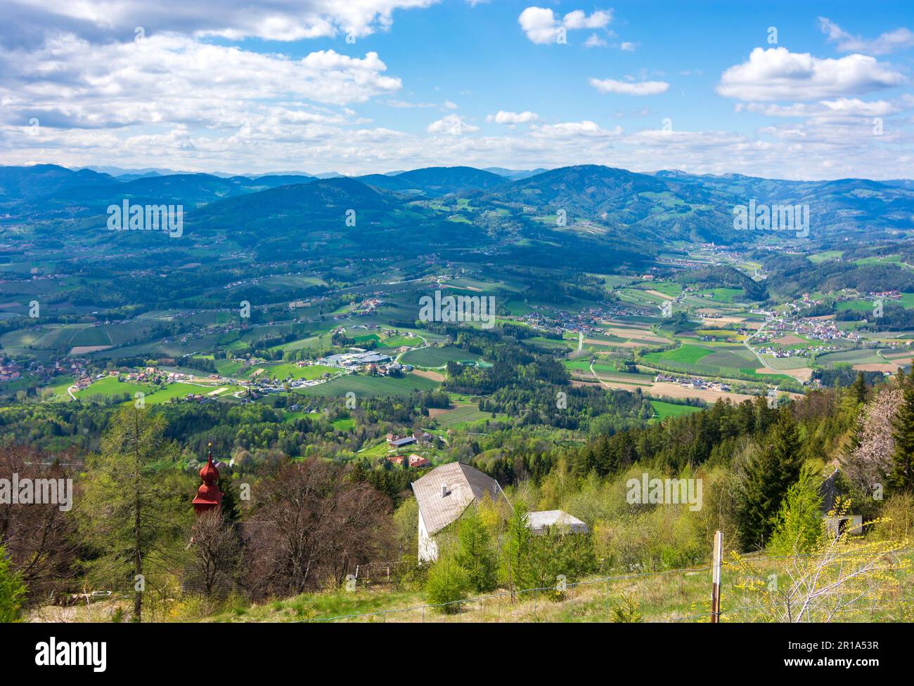 Puch bei Weiz: church Mariabrunn at mountain Kulm, view to Apfelland (apple country) in Steirisches Thermenland - Oststeiermark, Steiermark, Styria, A Stock Photo