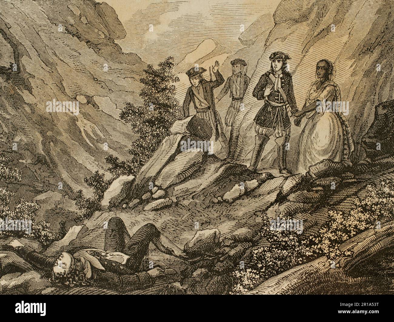 History of the Squadrons of Catalonia. Who has mutilated him so?, said the corporal. Me, answered the black woman, because he was unfaithful to me'. Engraving depicting the corpse of a man found by the agents in a mountain landscape. 'Historia de las Escuadras de Cataluña, intercalada con la vida y hechos de los más célebres ladrones y bandoleros' (History of the Squadrons of Catalonia, interspersed with the life and facts of the most famous thieves and bandits). By José Ortega y Espinós (1815-1876). Barcelona, 1876. Stock Photo
