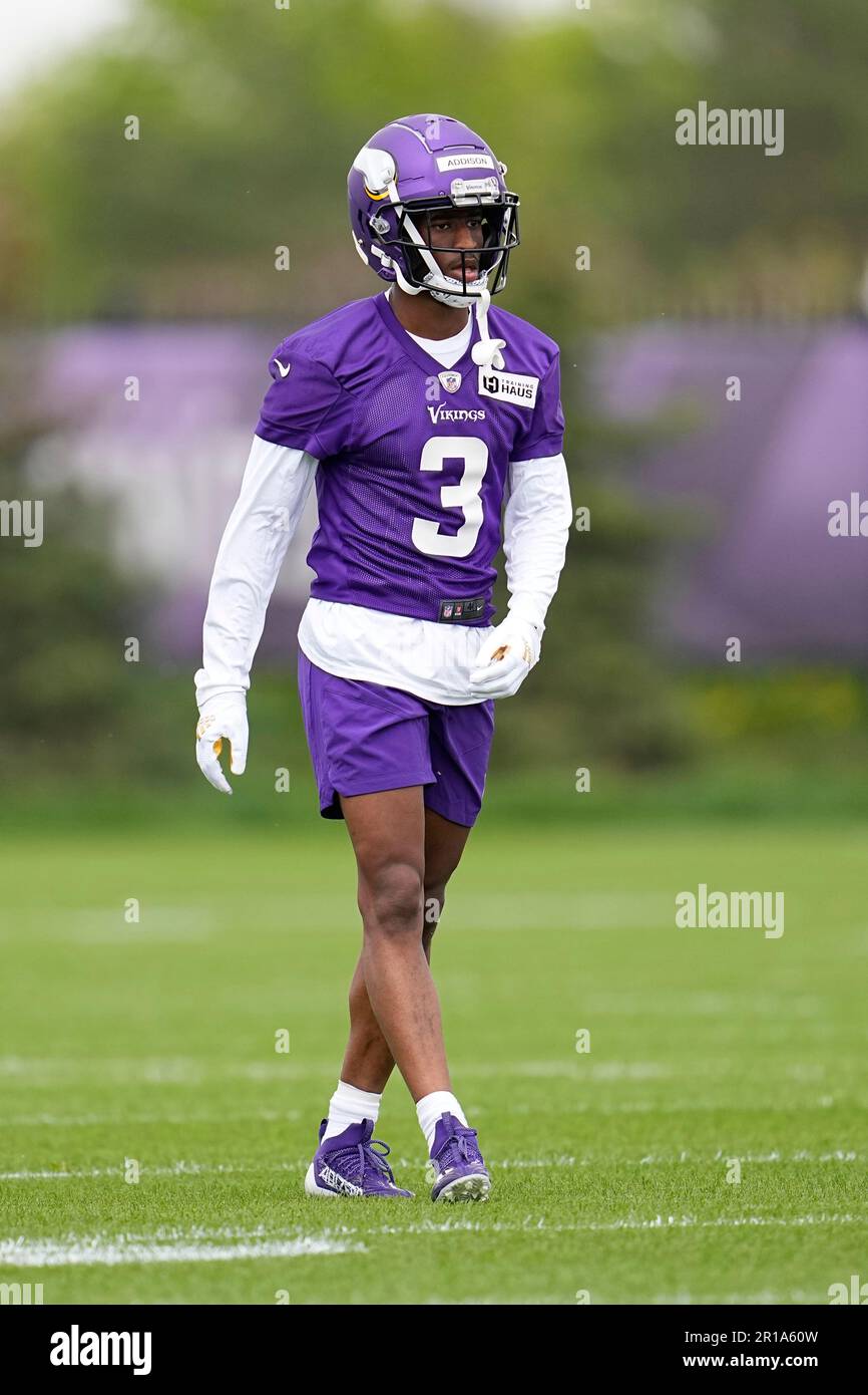 Minnesota Vikings wide receiver Jordan Addison (3) takes part in drills  during an NFL football team practice in Eagan, Minn., Friday, May 12, 2023.  (AP Photo/Abbie Parr Stock Photo - Alamy