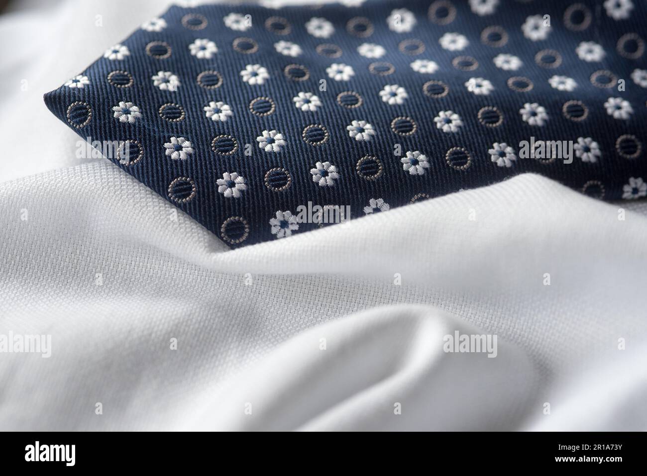 una camicia bianca ed una cravatta blu con decori, vestire in maniera elegante Stock Photo