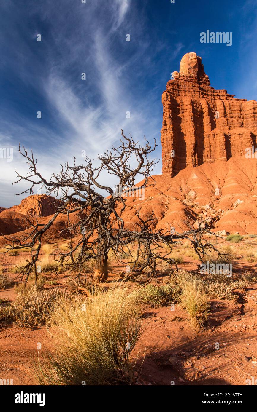 Chimney Rock, a sandstone tower in Capitol Reef National Park in Utah. Stock Photo