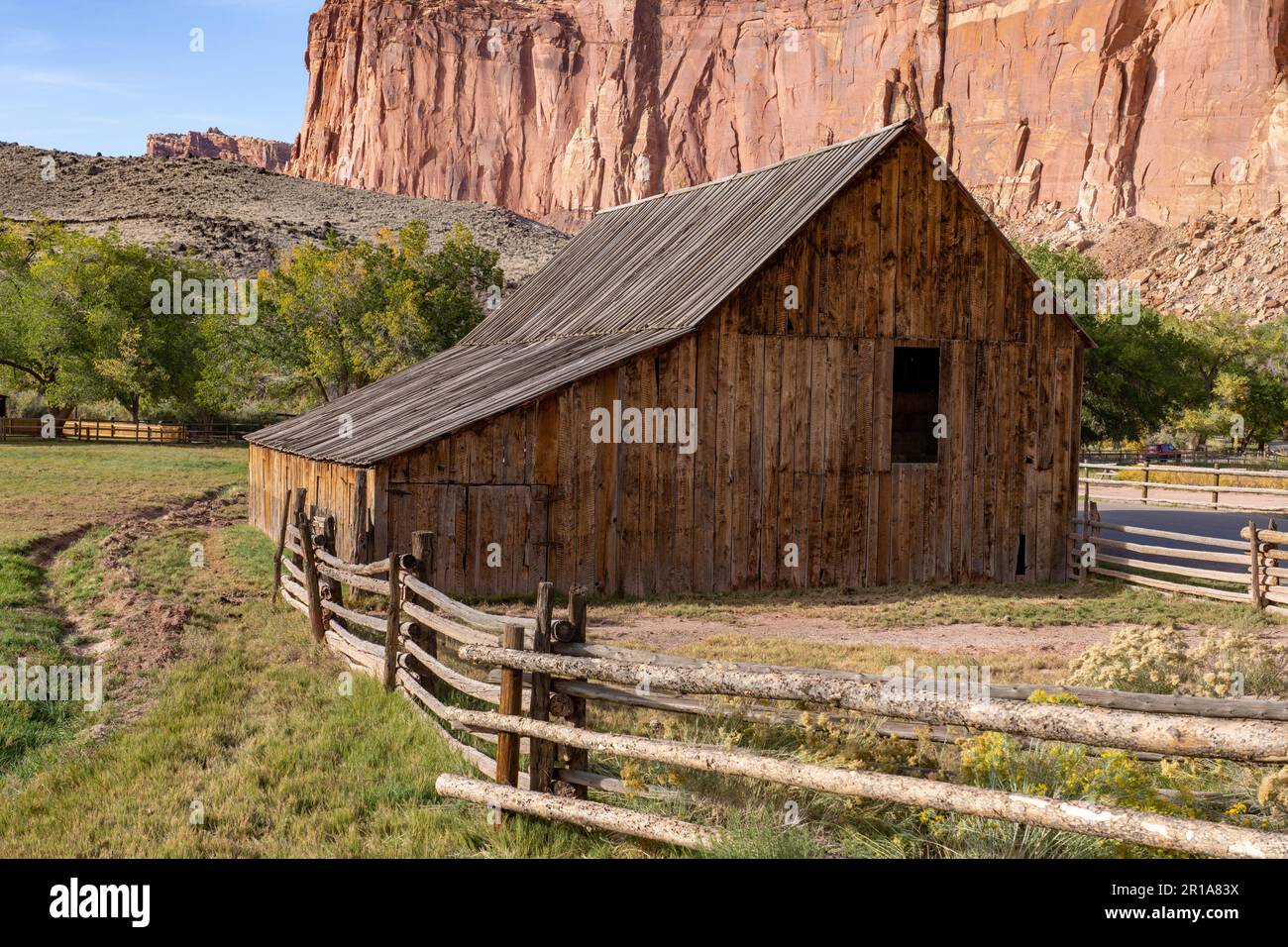 Historic Pendleton barn in the small pioneer farming community of Fruita, now in Capitol Reef National Park, Utah.  The barn is over 100 years old. Stock Photo