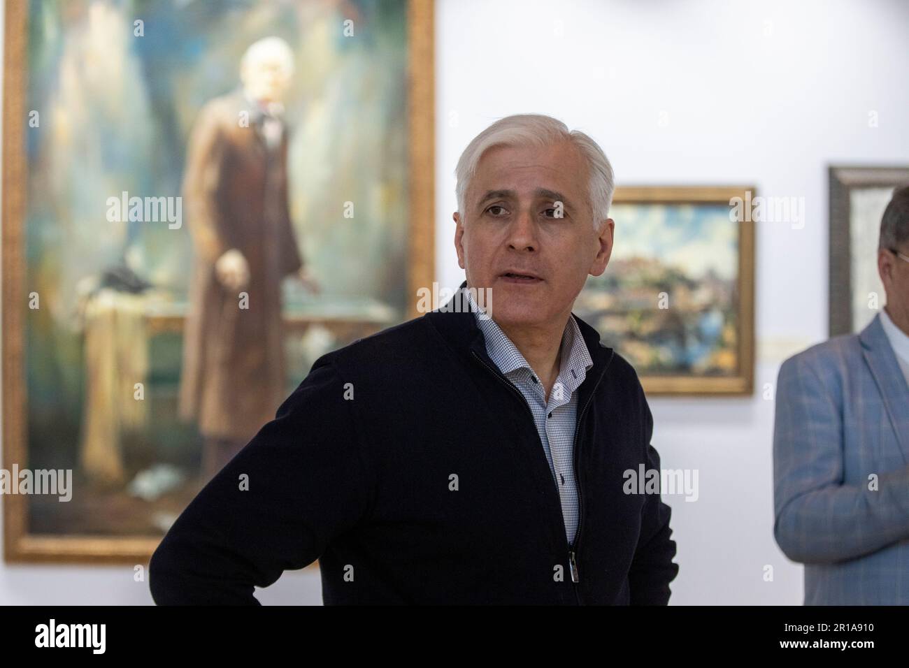 Moscow, Russia. 12th May, 2023. Artist Vasily Nesterenko at the exhibition of his works 'We are Russians, God is with us!' in the Central Exhibition Hall 'Manege' in Moscow, Russia. Stock Photo