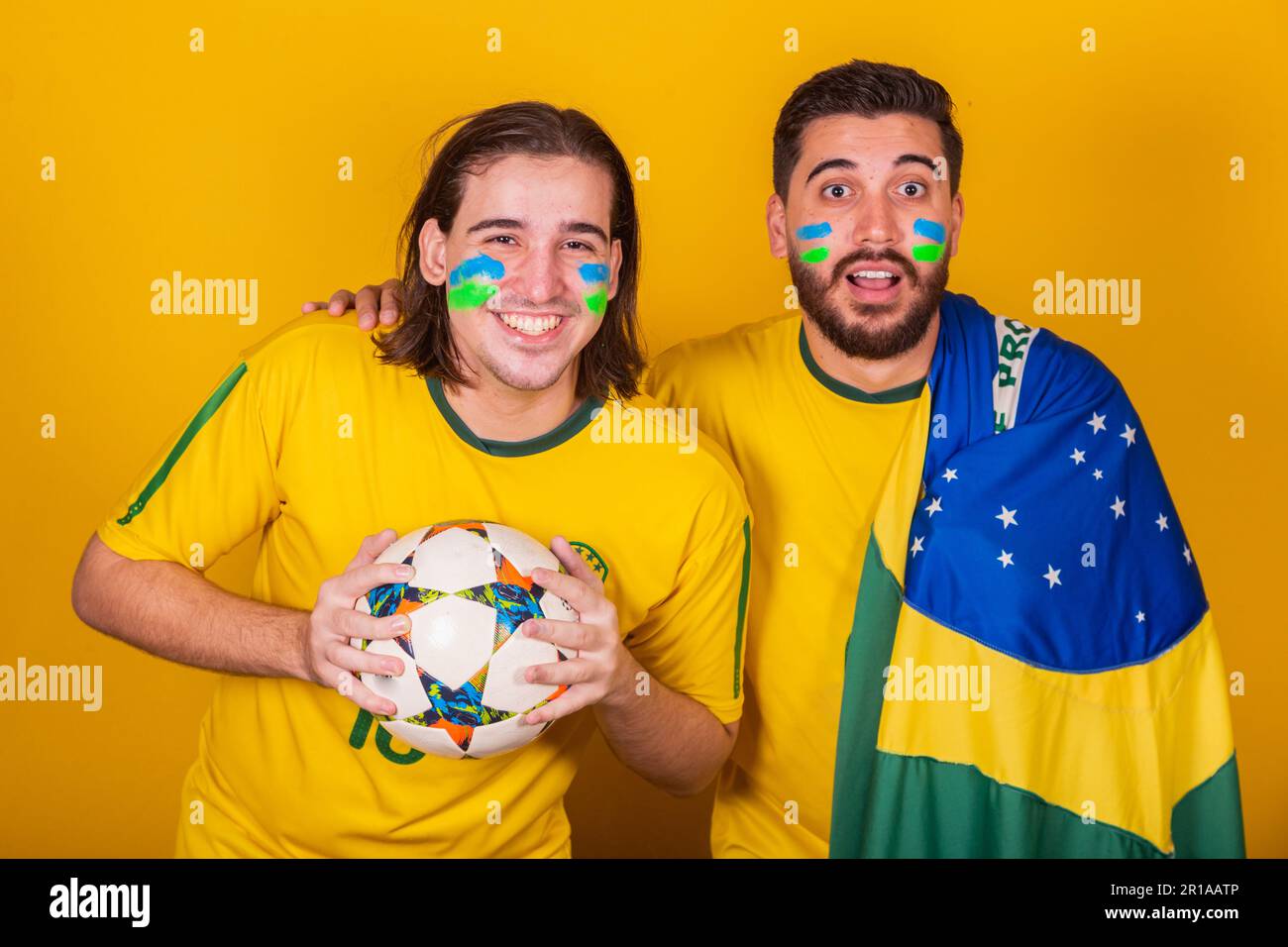 Brazilian friends, Latin Americans, diversity, cheering for Brazil, in the 2022 world cup, Amazed, surprised Stock Photo