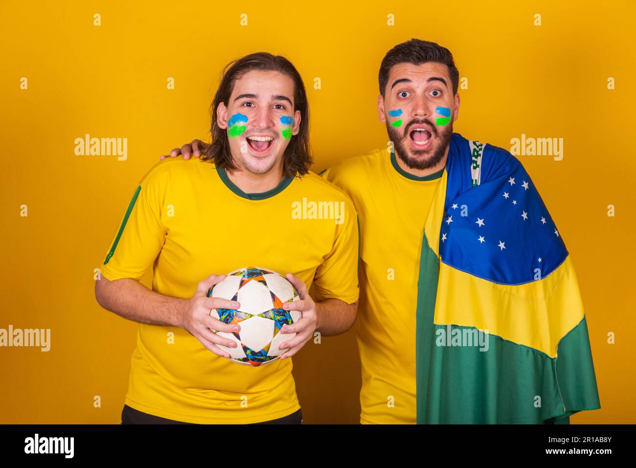 Brazilian friends, Latin Americans, diversity, cheering for Brazil, in the 2022 world cup, Amazed, surprised Stock Photo