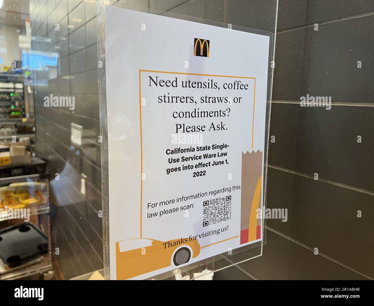 United States. 03rd Sep, 2022. Sign indicating that plastic utensils are only provided upon request, following passage of California plastic utensil law SB-54, at McDonald's restaurant in Lafayette, California, September 3, 2022. Photo courtesy Sftm. (Photo by Gado/Sipa USA) Credit: Sipa USA/Alamy Live News Stock Photo