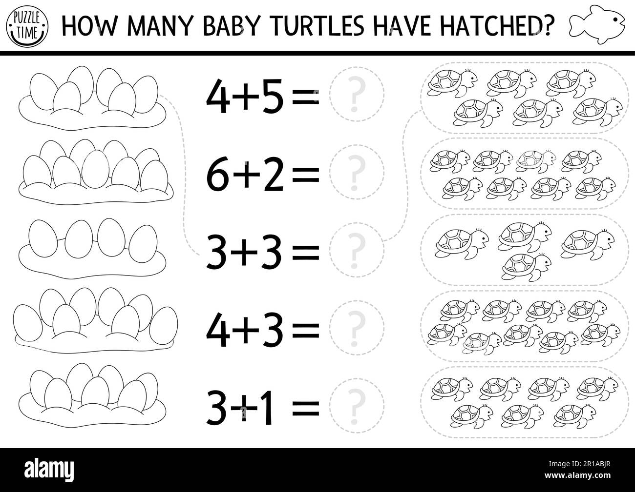 How many baby turtles have hatched game. Under the sea black and white math addition activity or coloring page. Simple line ocean life printable count Stock Vector