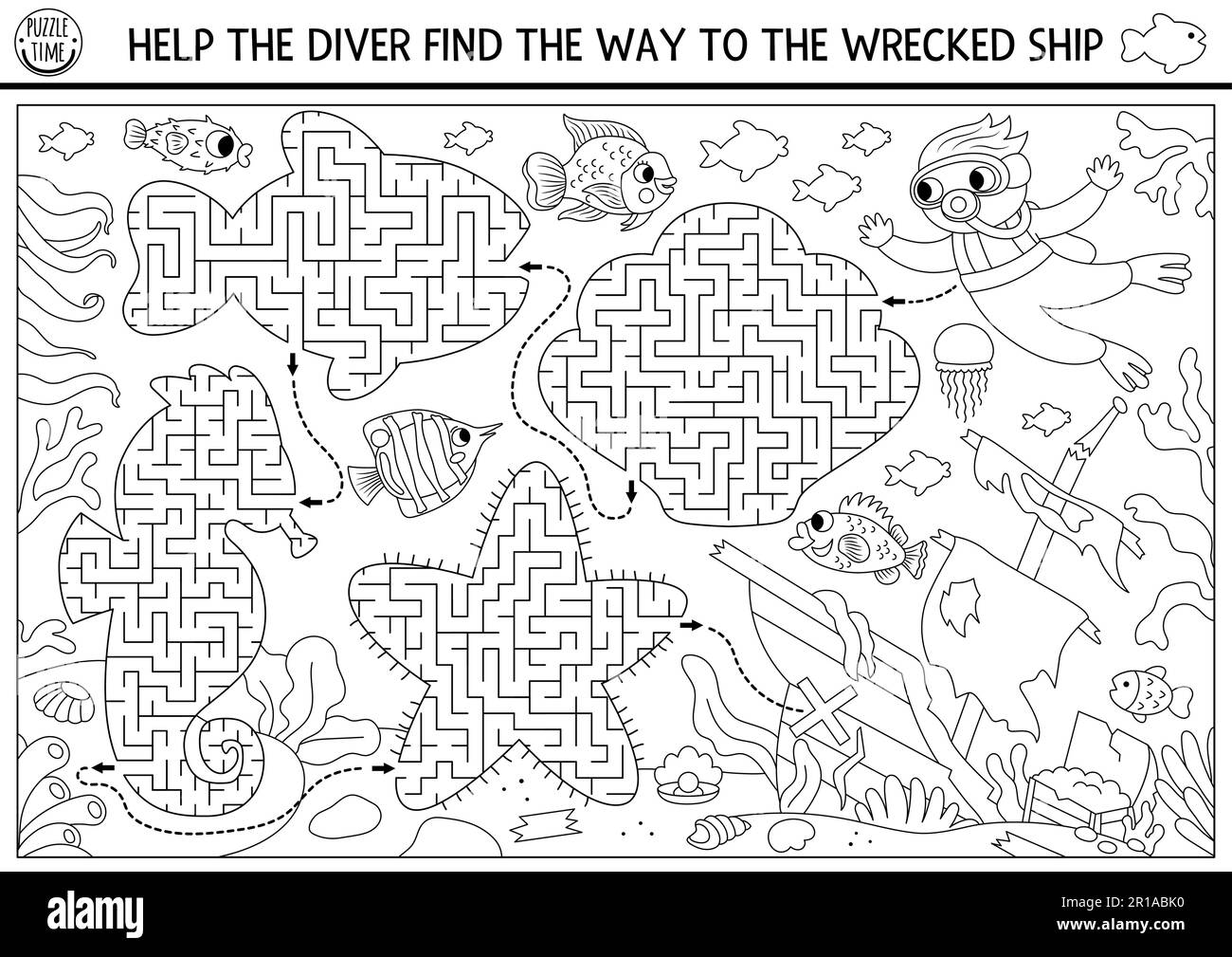 Under the sea black and white maze for kids geometrical sea horse, fish ...
