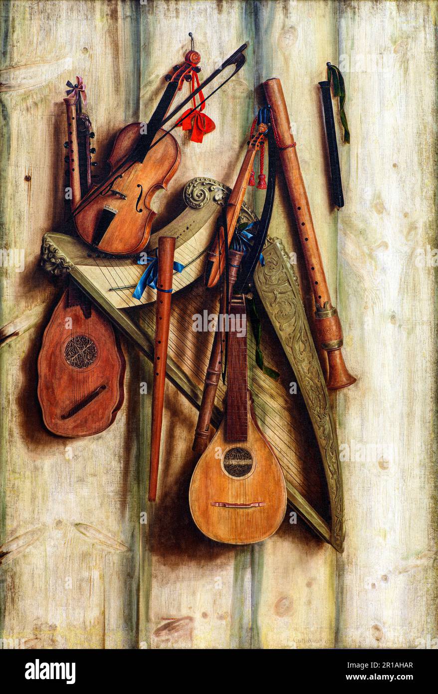 Board wall with musical instruments.Trompe l'oeil by Franciscus ...