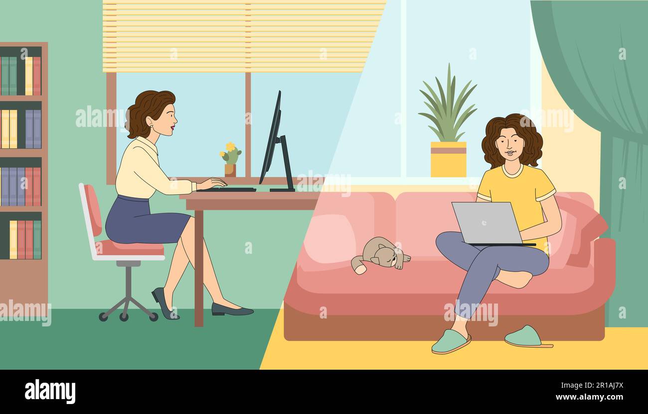 Business woman at hybrid job sitting at table between office and home cozy environment, vector illustration in flat cartoon style Stock Vector