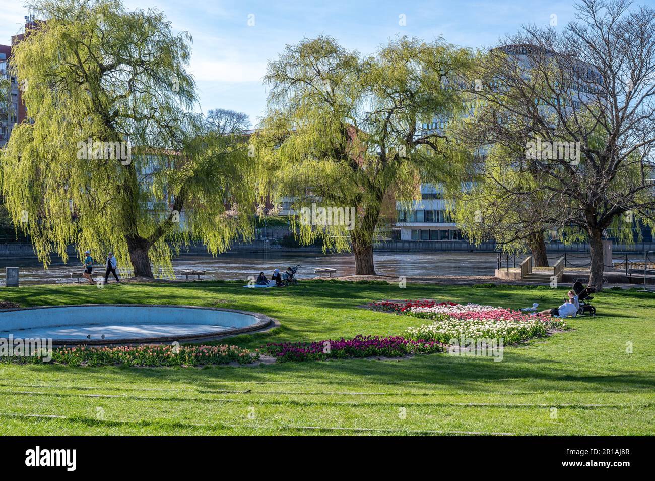 People relax on a tranquil spring afternoon in waterfront park Strömparken in Norrköping. Norrköping is a historic industrial town in Sweden Stock Photo