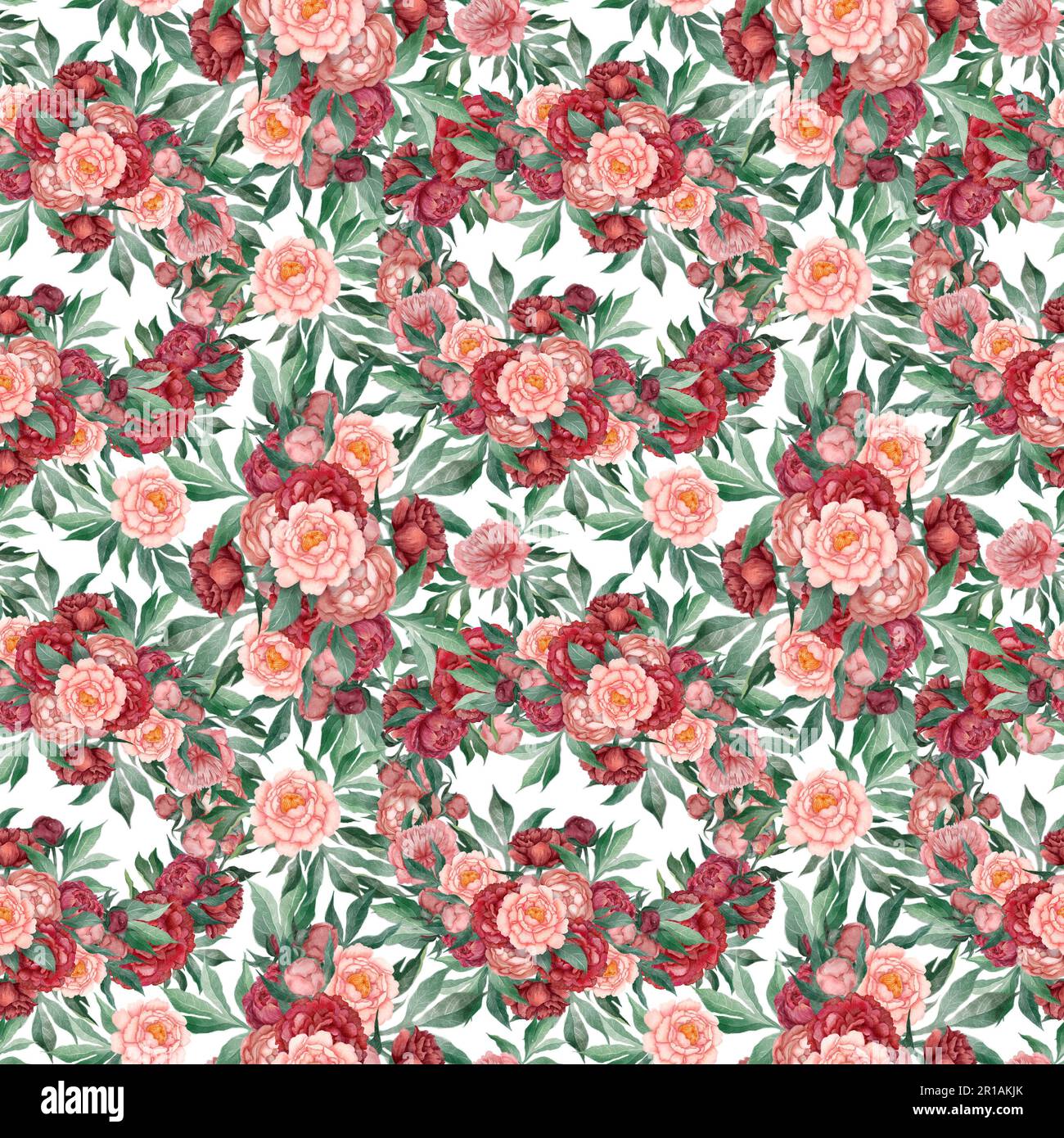 Seamless floral pattern with peonies and leaves, watercolor