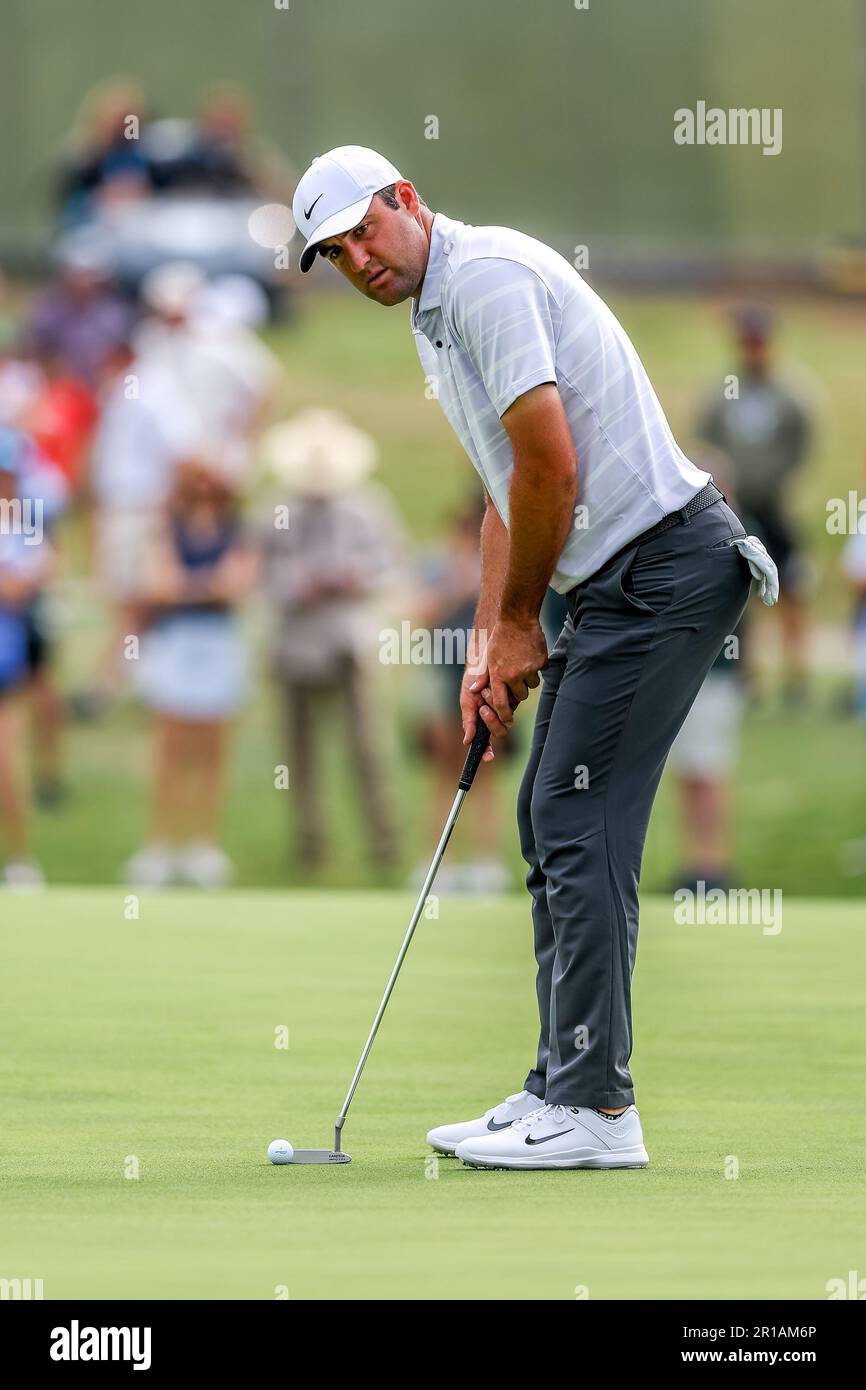May 12, 2023 Scottie Scheffler sizes up his putt during the second round of the ATandT Byron Nelson golf tournament at TPC Craig Ranch in McKinney, TX
