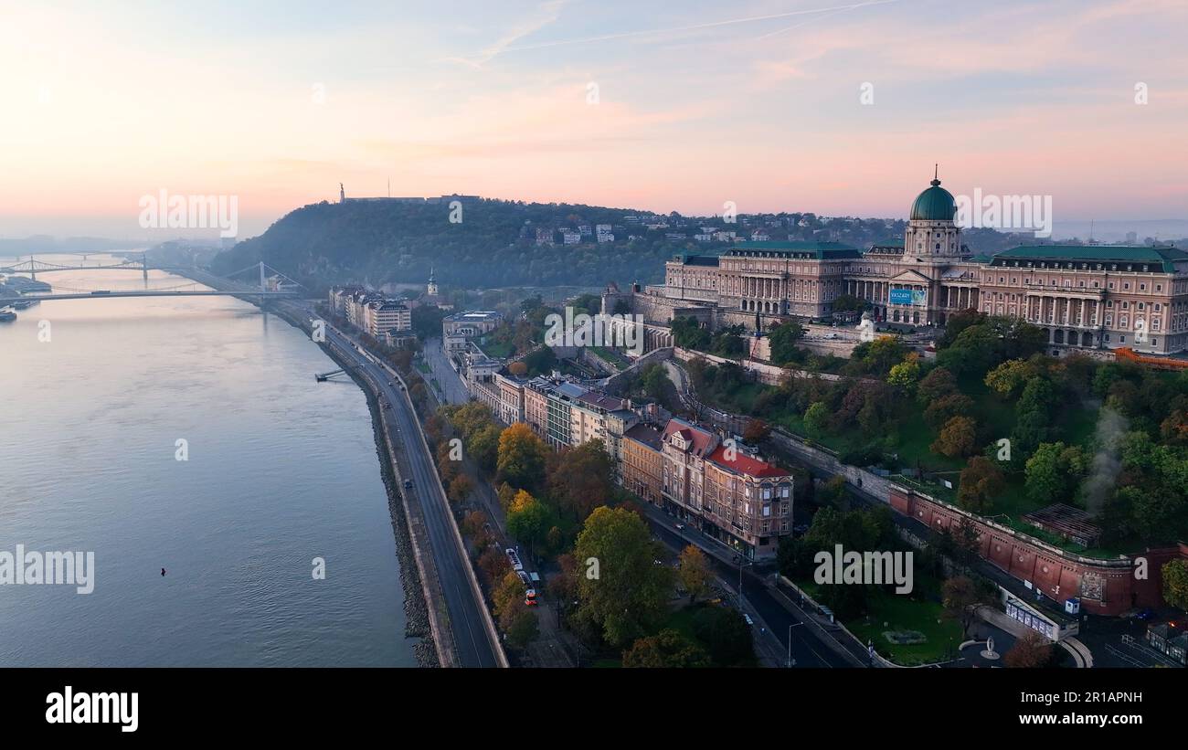 Aerial skyline view of Budapest with Buda Castle Royal Palace and River ...