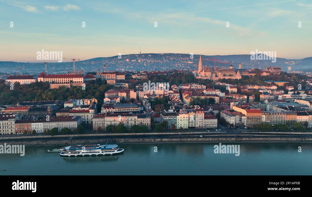 Budapest city sunrise skyline, aerial view. Danube river, Buda side ...