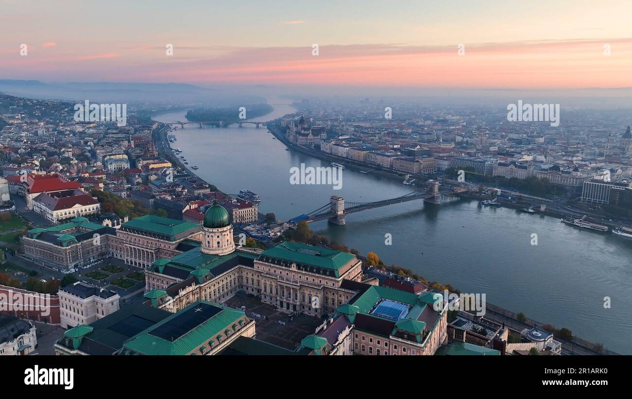 Aerial skyline view of Budapest with Buda Castle Royal Palace and River ...