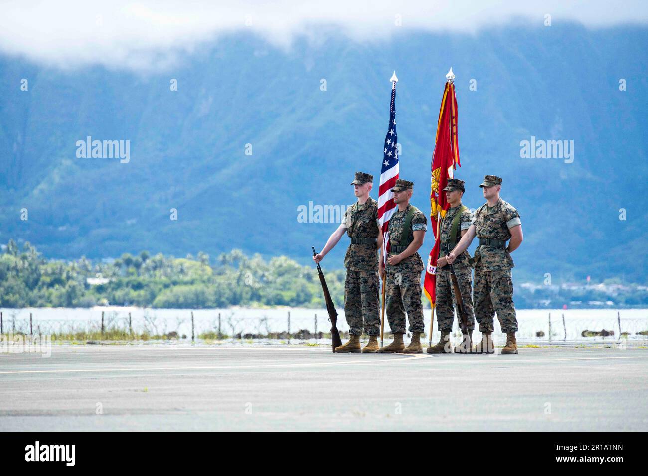 Marine Corps Base Hawaii, USA. 28th Apr, 2023. U.S. Marines with the Marine Aircraft Group 24 (MAG-24) Color Guard conduct the posting of colors during the MAG-24 change of command ceremony, Marine Corps Air Station Kaneohe Bay, Marine Corps Base Hawaii, April 28, 2023. Lt. Col. Geoffrey T. Blumenfeld relinquished command to Col. William G. Heiken. Credit: Brandon Aultman/U.S. Marines/ZUMA Press Wire Service/ZUMAPRESS.com/Alamy Live News Stock Photo
