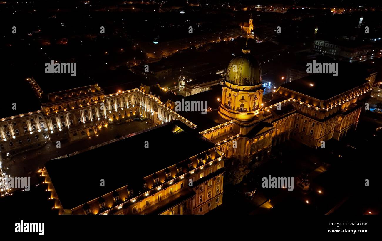 Aerial night view of Buda Castle Royal Palace in Budapest city, Hungary ...