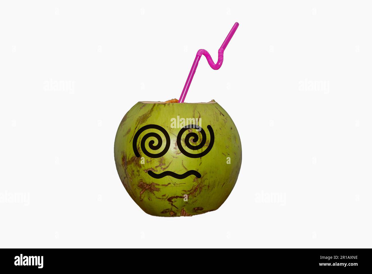 Green coconut with drawn emoji. tropical coconut water in selective