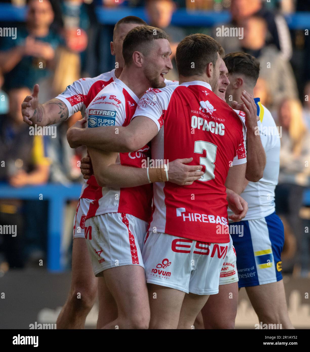 Warrington, Cheshire, England 12th May 2023. Hull KR celebrates Tom Opacic opening try of the match, during Warrington Wolves V Hull Kingston Rovers at the Halliwell Jones Stadium, the Betfred Super League. (Credit Image: ©Cody Froggatt/Alamy live news) Stock Photo