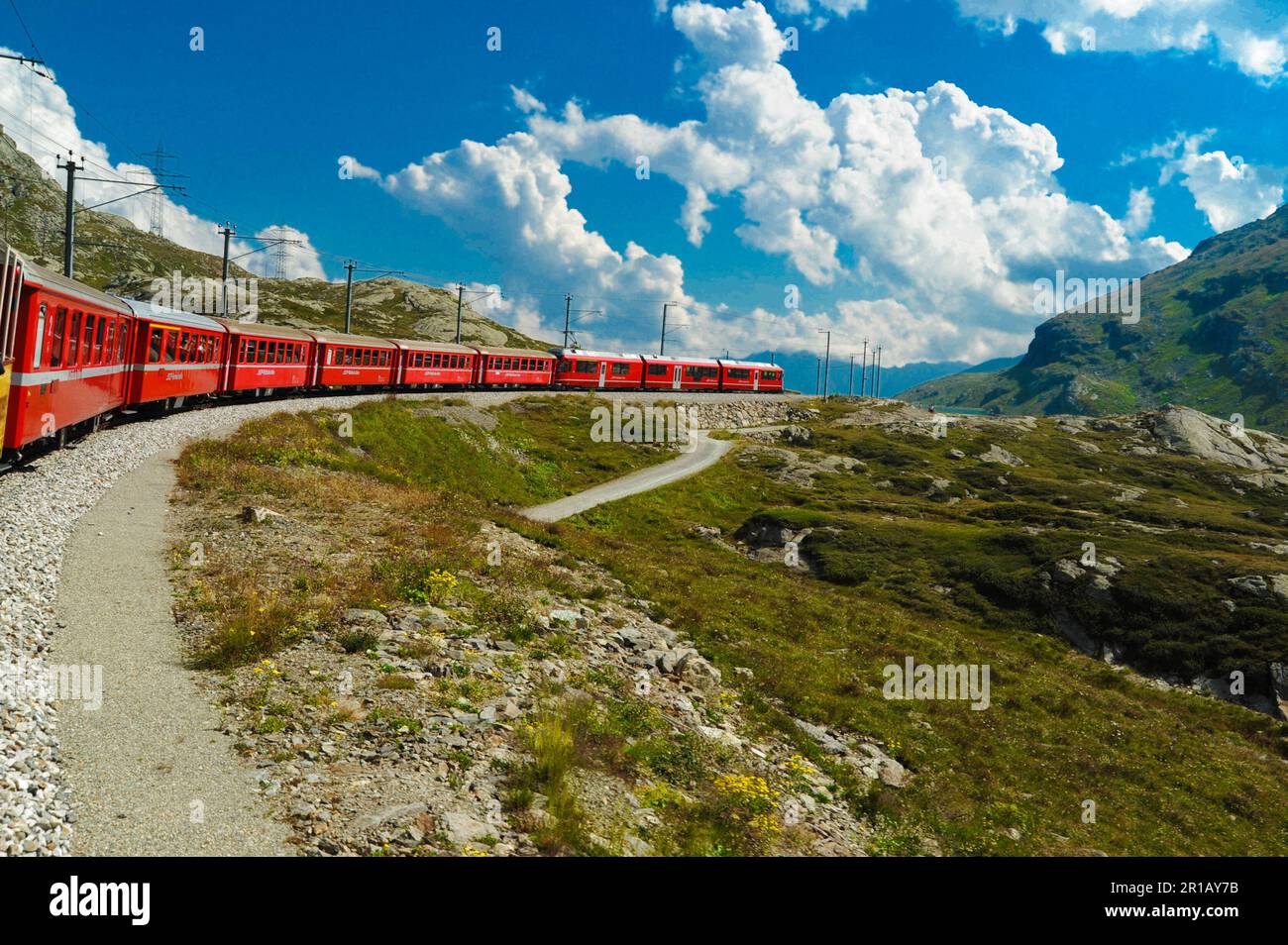 Small Red Train Sankt Moritz Switzerland May 13 2023: Little red train traveling in the ...