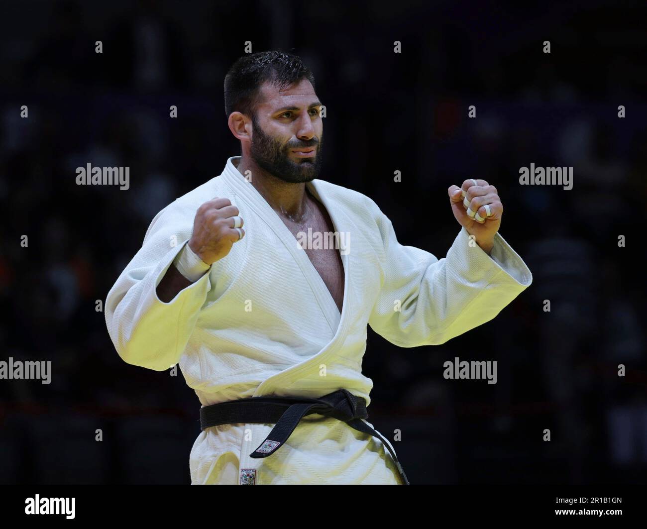 Czechs Lukas KRPALEK (blue) and Arman ADAMIAN (white) compete during the final of Men(male)-100 kg g at World Judo Championships in Doha, Qatar on May 12, 2023