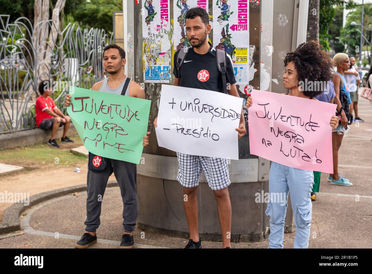 Salvador, Bahia, Brazil - October 29, 2022: Young people are seen with protest signs at the Marcha do Empoderamento Crespo, in the city of Salvador, B Stock Photo