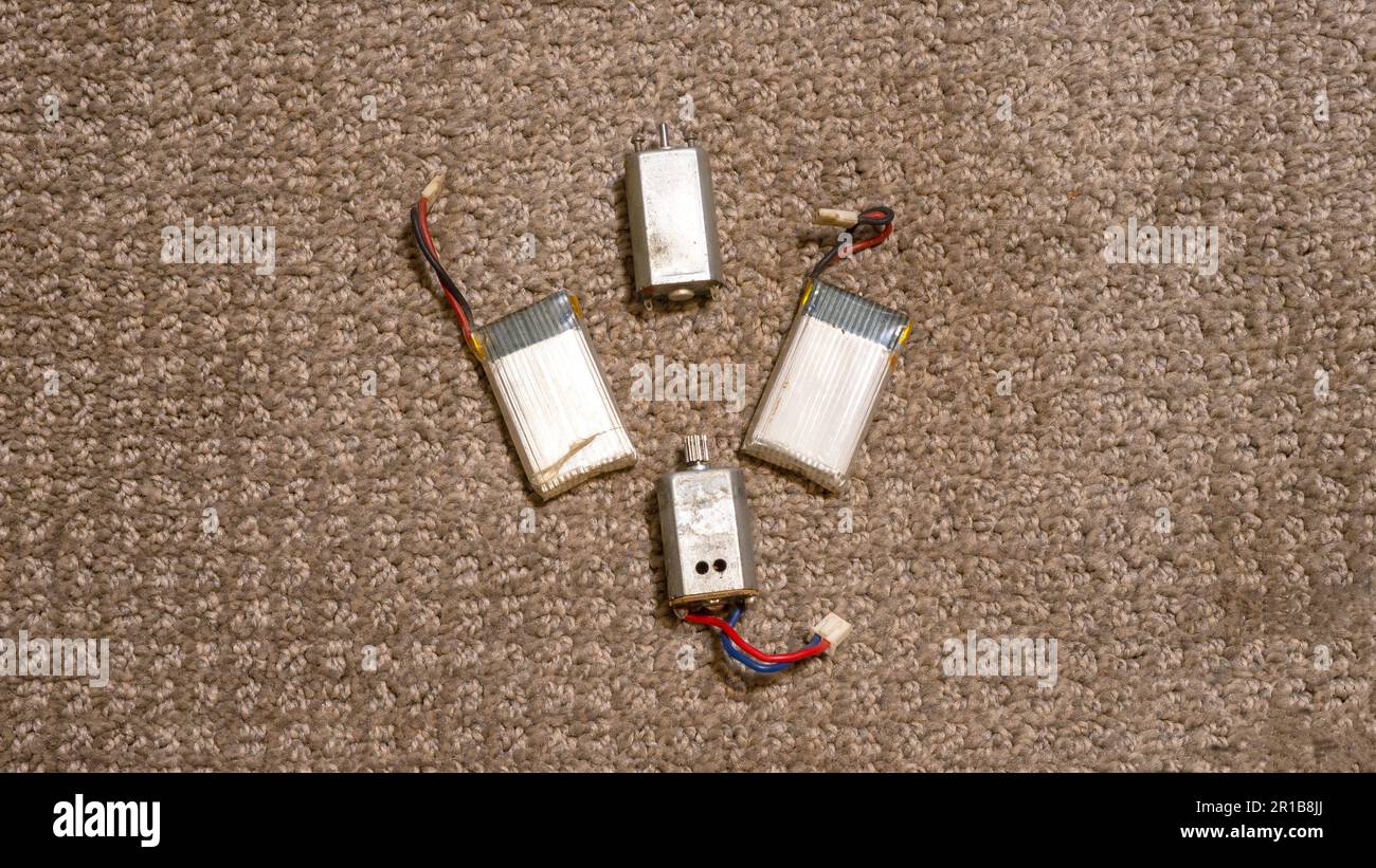 A High Angle View of Two Lithium Batteries and Electric Motors Stock Photo