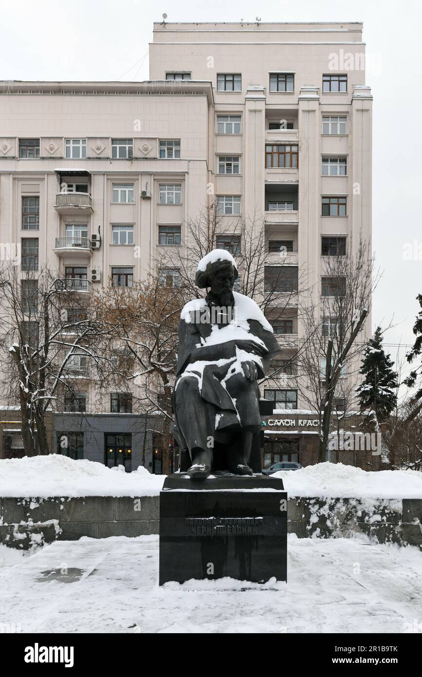 Moscow, Russia - Jan 23, 2022: Monument to Nikolai Gavrilovich Chernyshevsky on Pokrovka street in Moscow, Russia. Stock Photo