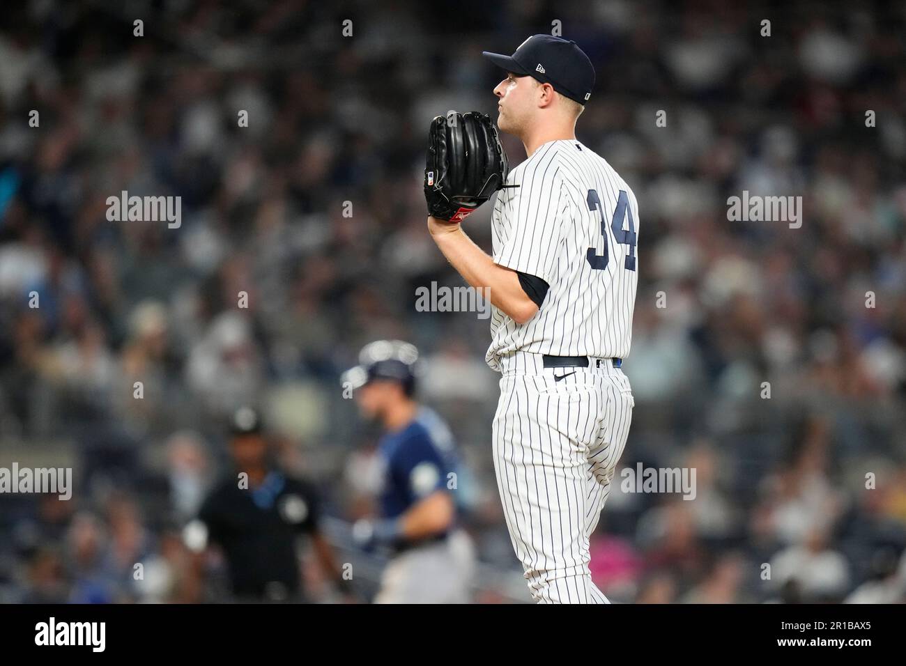 New York Yankees relief pitcher Michael King (34) reacts as Tampa Bay