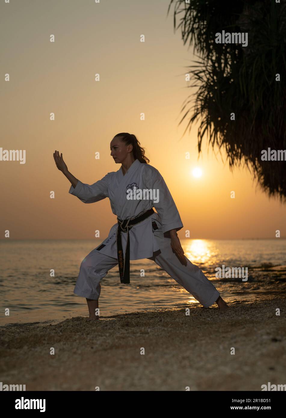 Karate champion Andrea Klementisová training in  Motobu, Okinawa, Japan Stock Photo