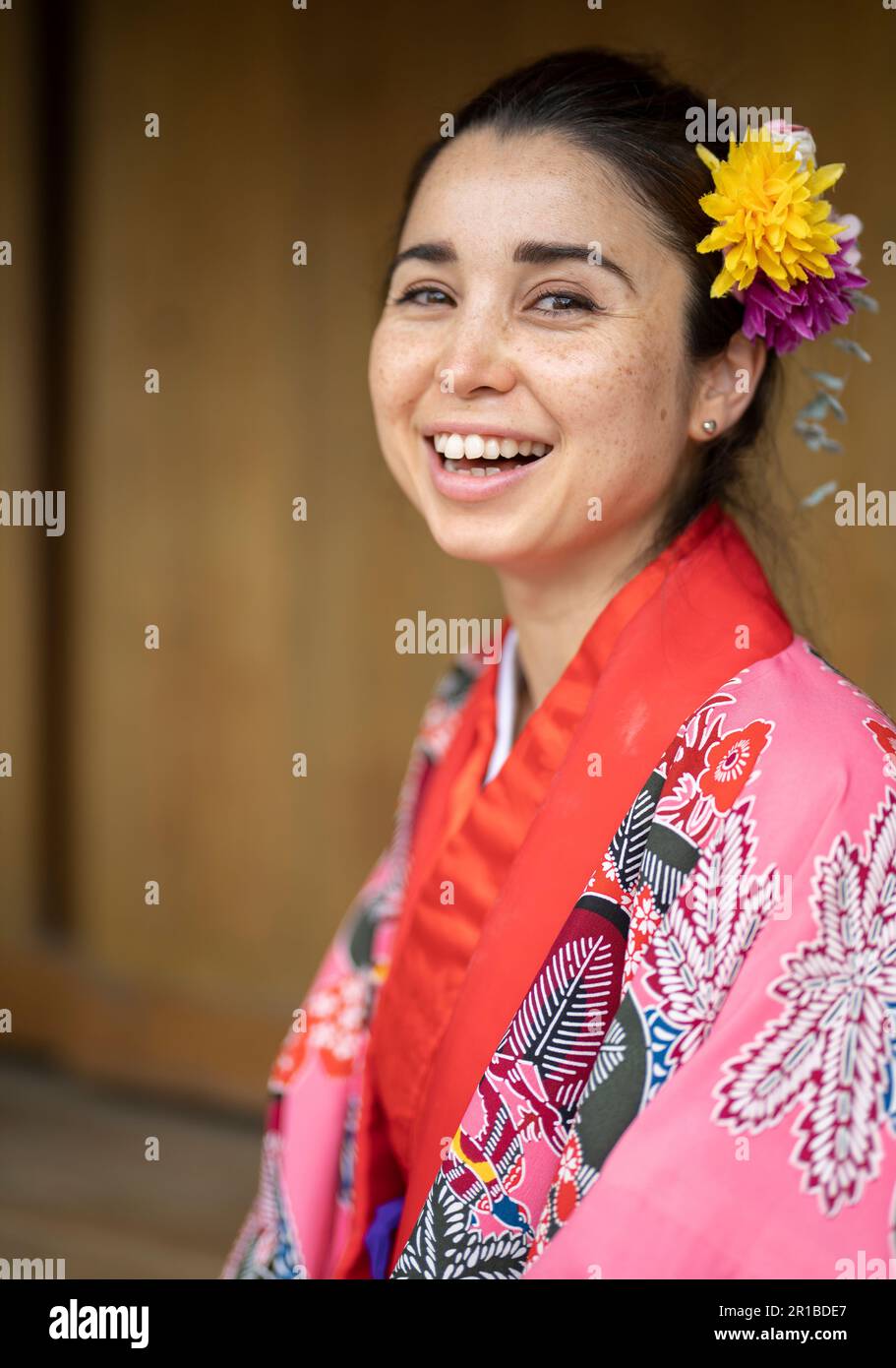Beautiful Woman wearing traditional Okinawan ryusou / ryuso clothing of