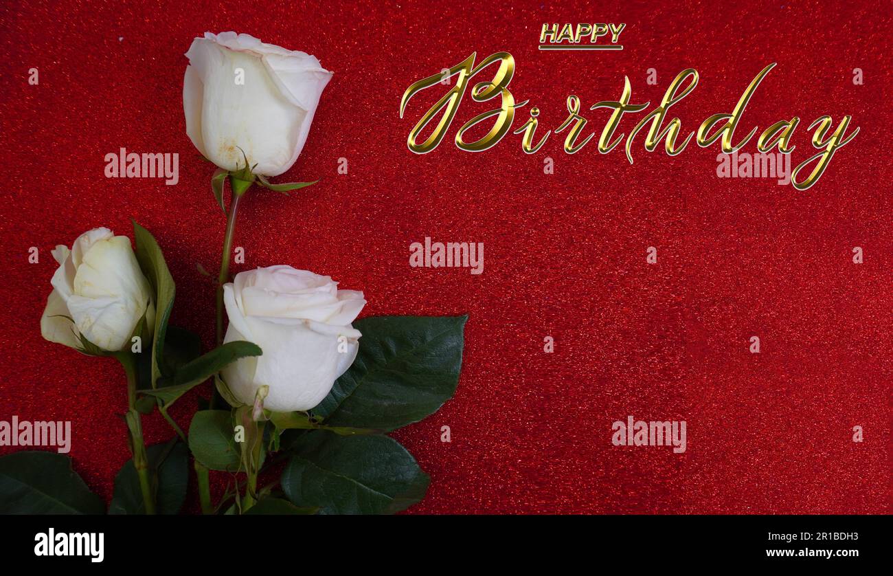 happy birthday card with flowers white roses Stock Photo - Alamy