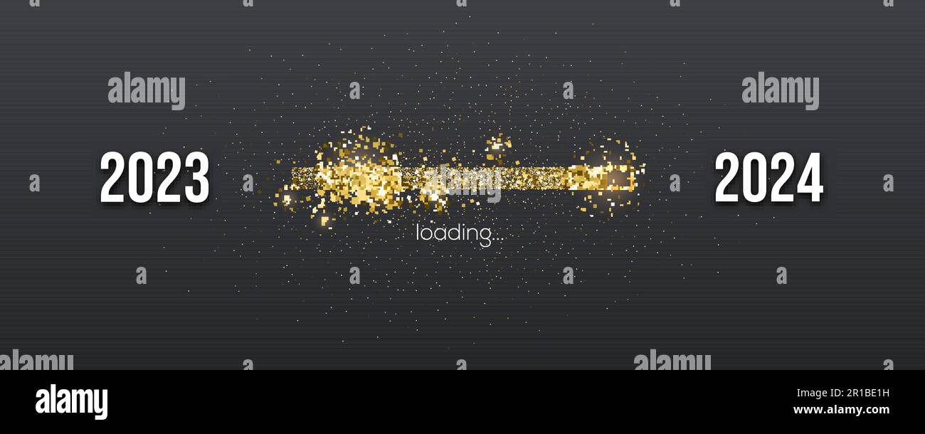 Happy New Year 2025. Golden shimmering loading bar on black background