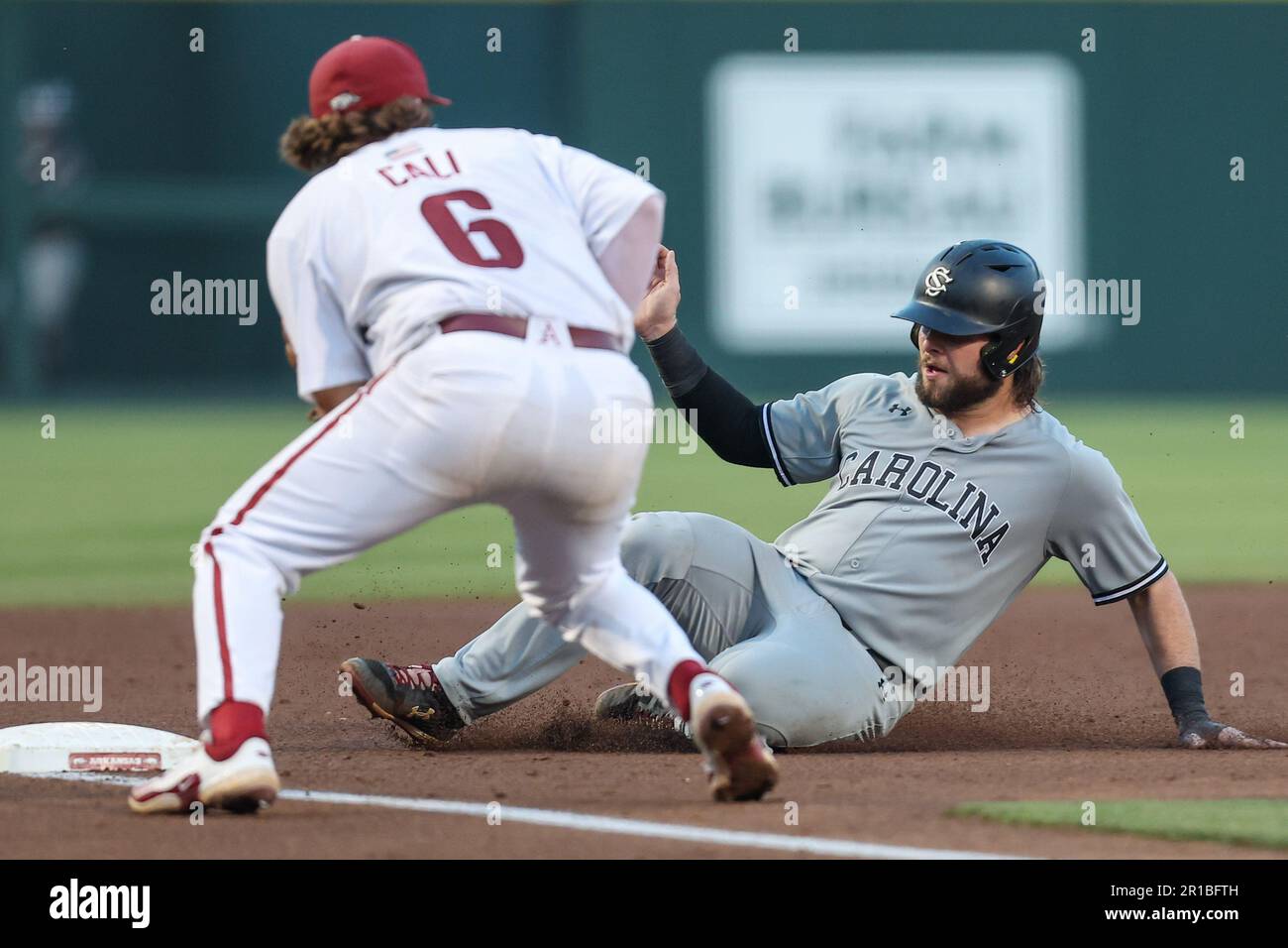 May 12, 2023: South Carolina catcher Cole Messina #19 slides safely into third base. Arkansas defeated South Carolina 4-1 in Fayetteville, AR, Richey Miller/CSM Stock Photo