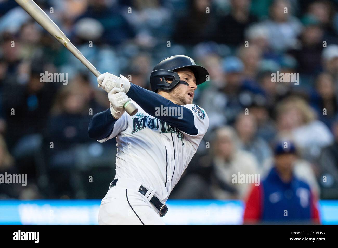 Seattle Mariners' Jarred Kelenic takes a swing during an atbat in a