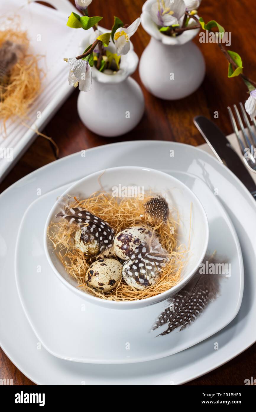 Easter place setting with quail eggs Stock Photo