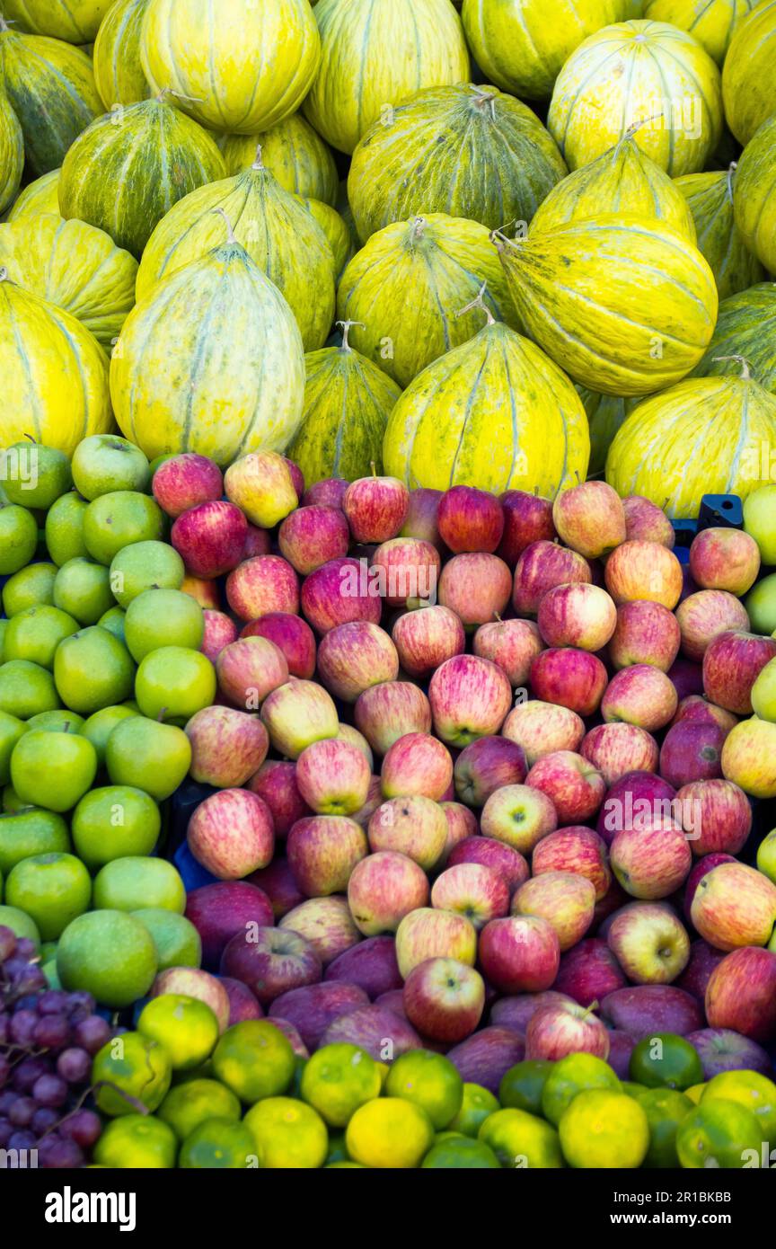 Variety of fresh organic fruits on the street stall Stock Photo Alamy