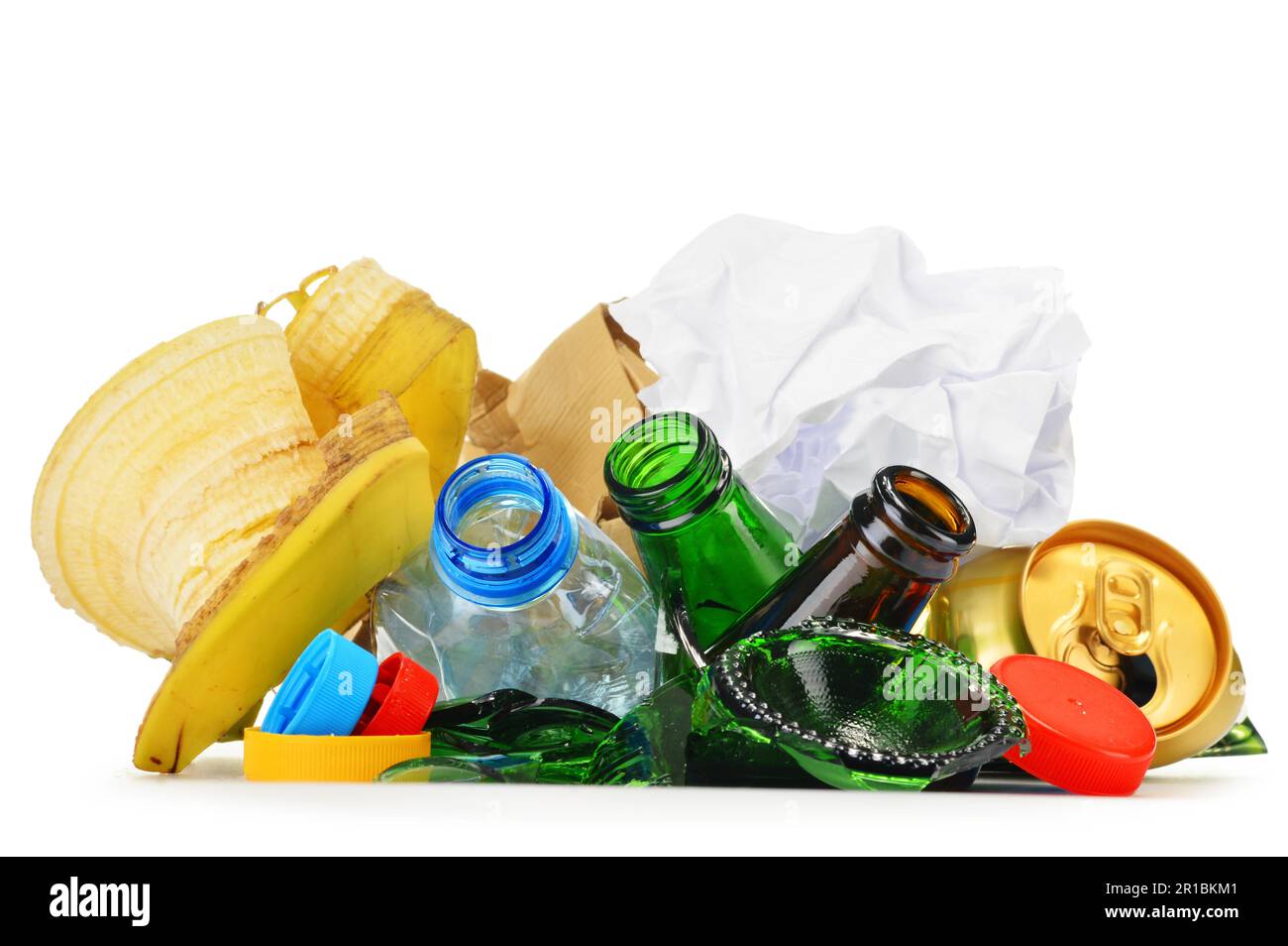 Composition with recyclable garbage consisting of glass, plastic, metal and paper isolated on ...