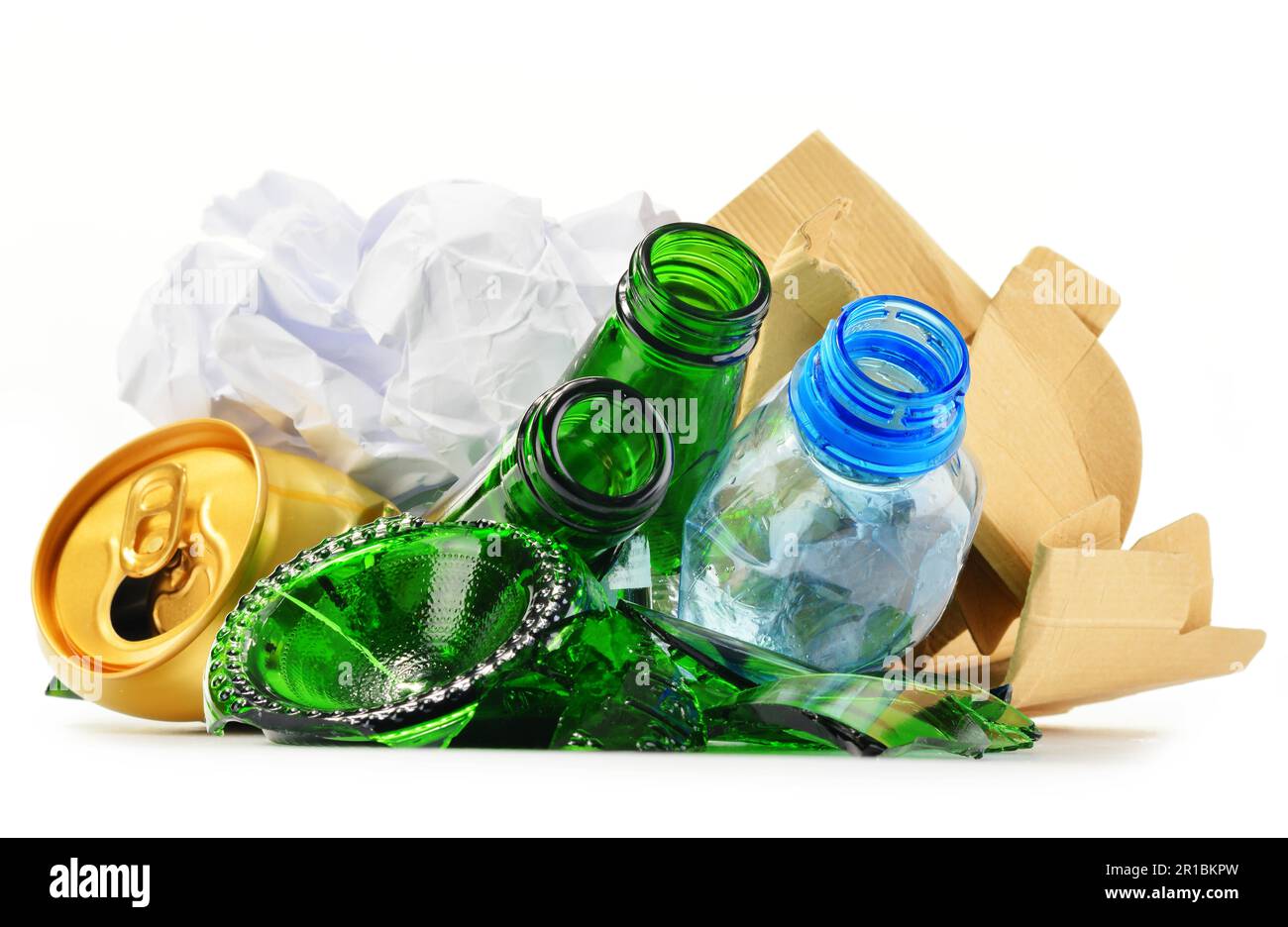 Composition with recyclable garbage consisting of glass, plastic, metal and paper isolated on ...