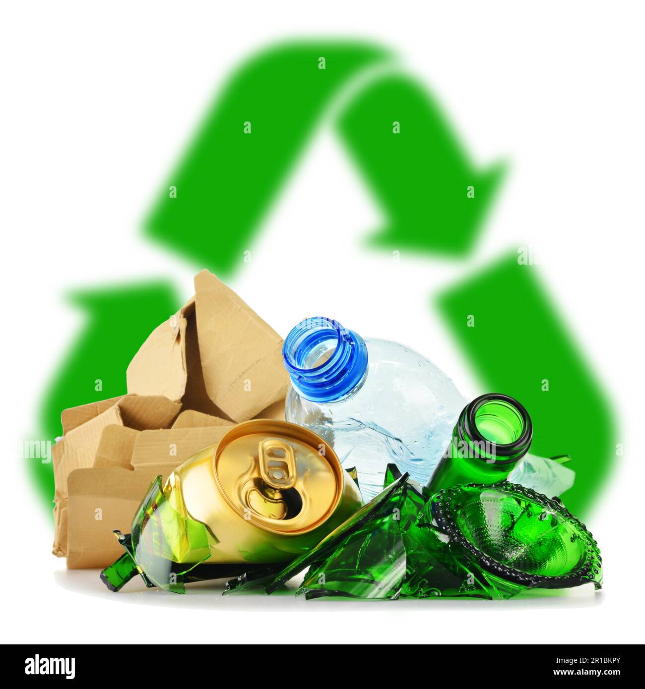 Composition with recyclable garbage consisting of glass, plastic, metal and paper isolated on ...