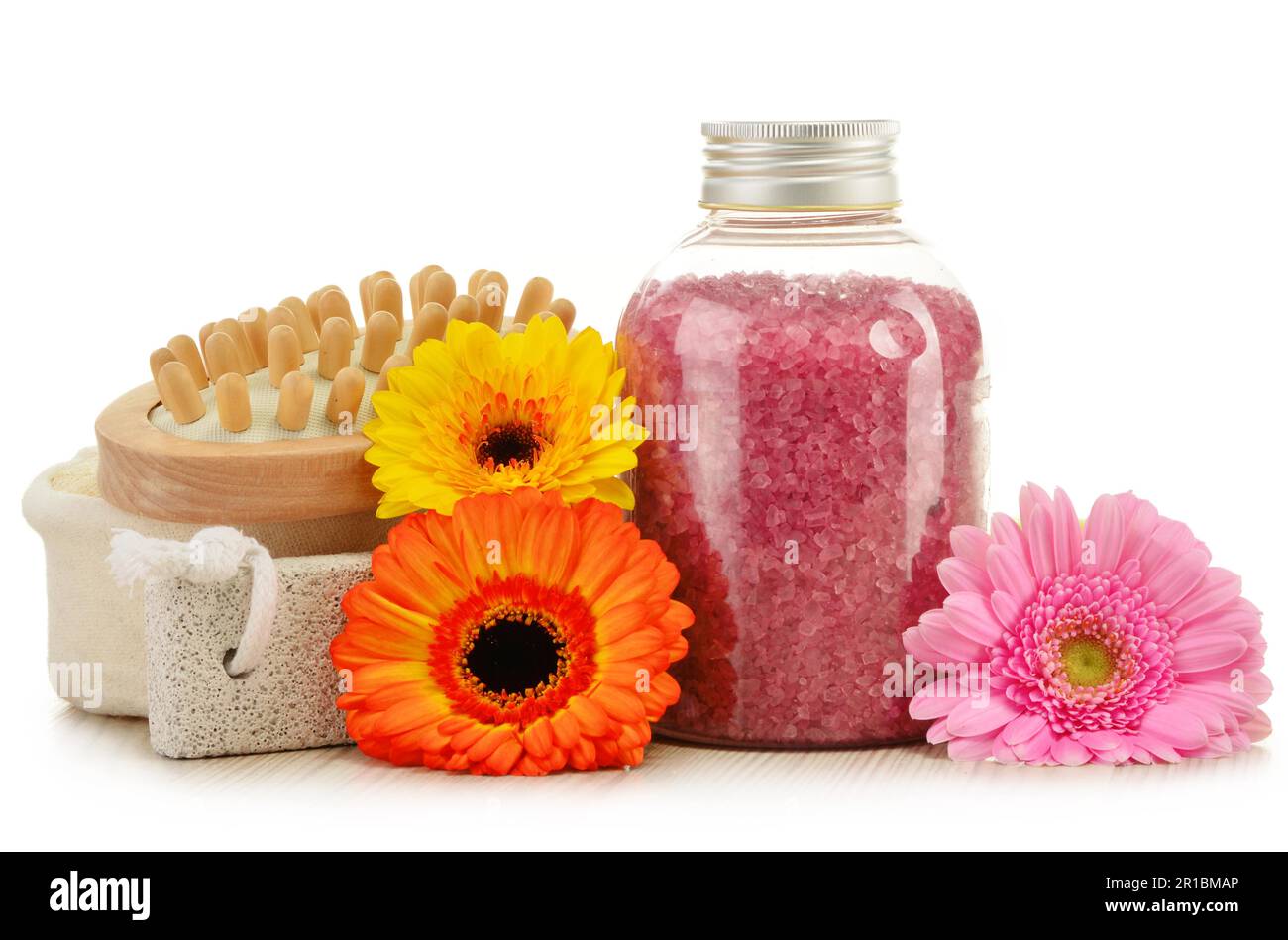 Composition with bottle of bath salt and other products Stock Photo
