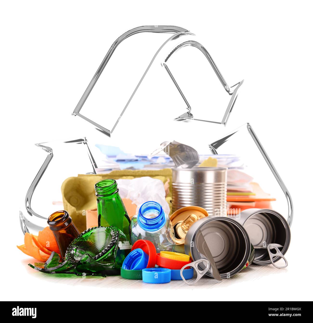 Composition with recyclable garbage consisting of glass, plastic, metal and paper isolated on ...