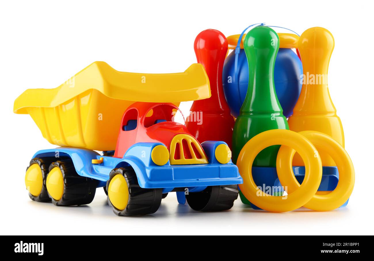 Composition with colorful plastic children toys isolated on white Stock Photo