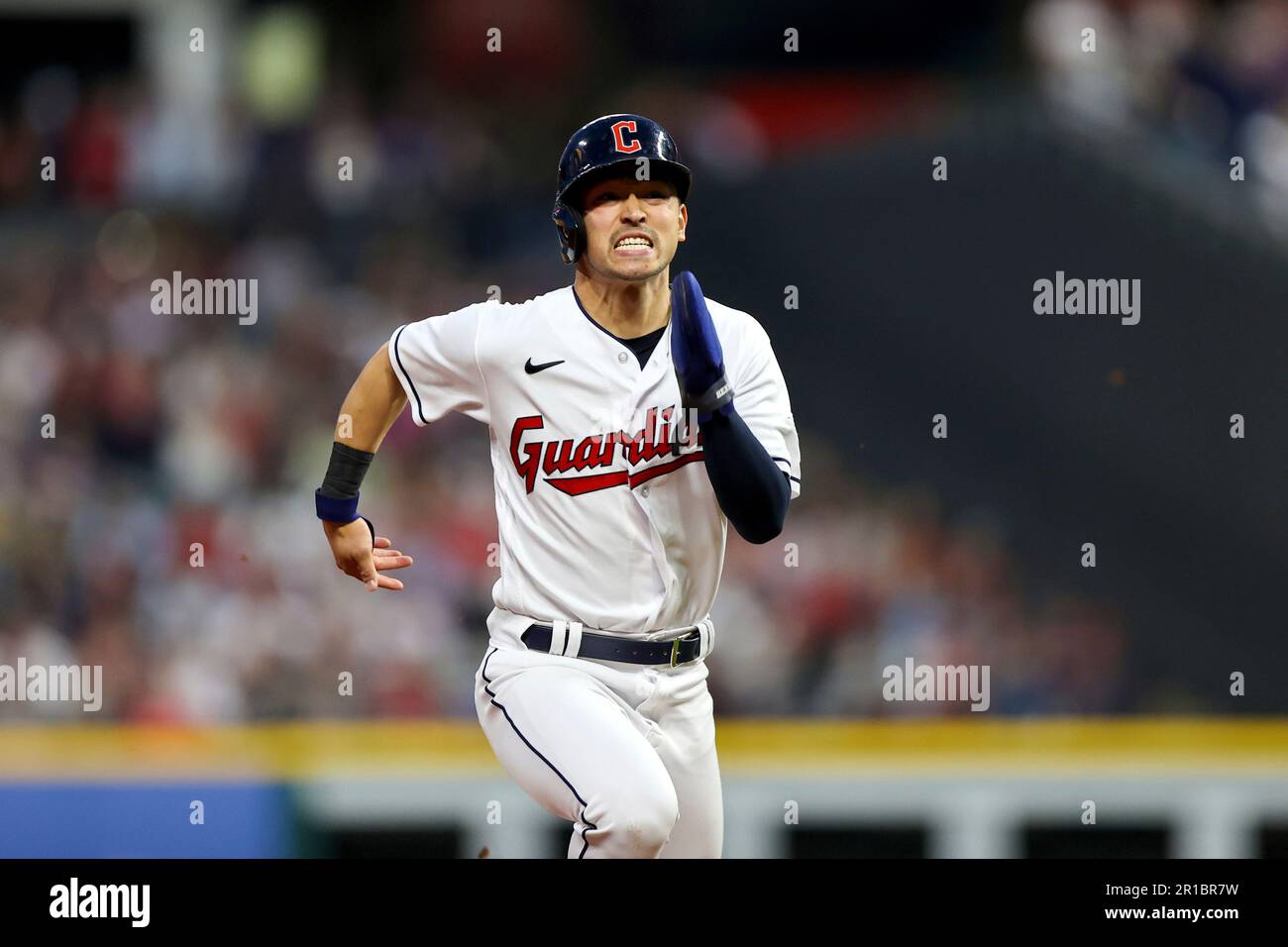 Cleveland, United States. 13th May, 2023. CLEVELAND, OH - Cleveland  Guardians left fielder Steven Kwan (38) bats during a Major League Baseball  game against the Los Angeles Angels on May 13, 2023