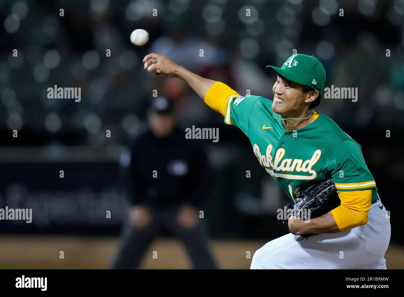 Oakland Athletics' Shintaro Fujinami pitches against the Texas Rangers ...