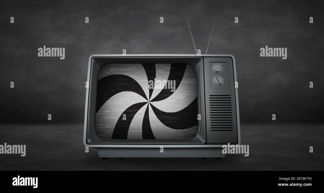Retro television set with black and white stripes on screen on grey